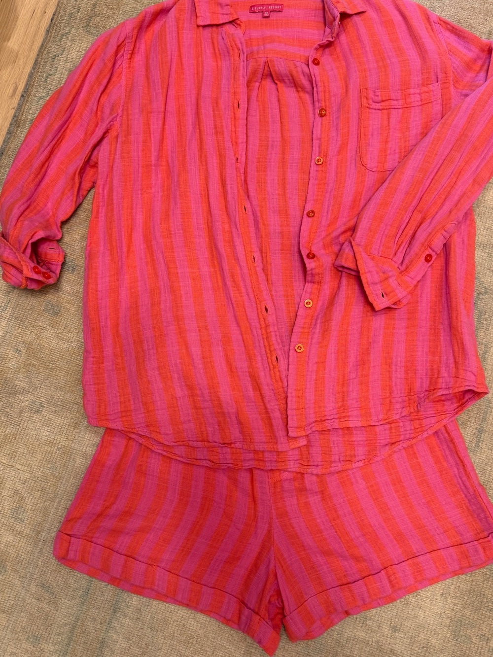 Z Supply Pink and Orange Striped Button-Up Shorts set